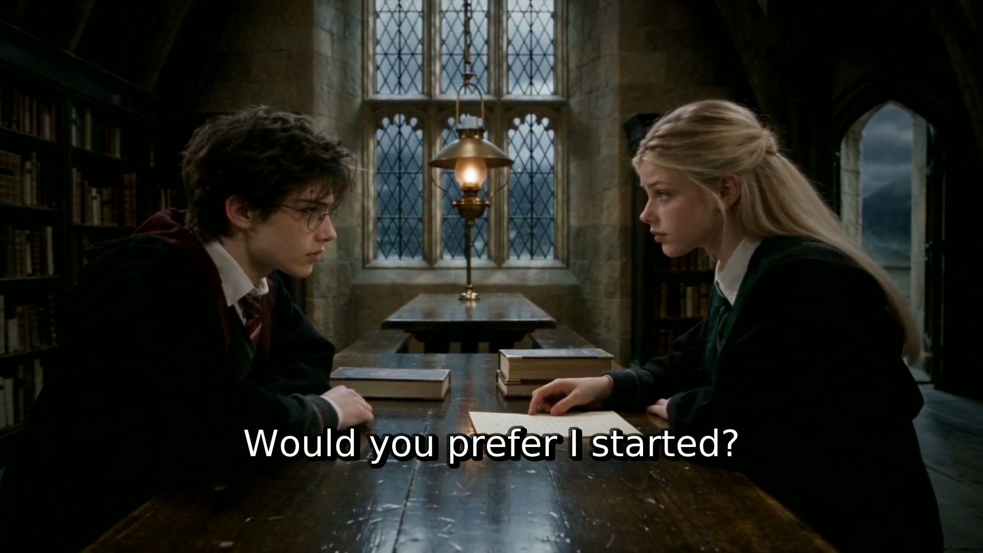 Harry and Draconia across the library table