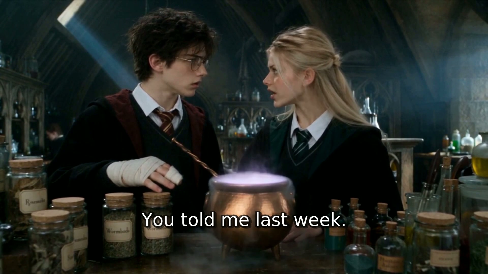 Three drops, not four — Harry's bandaged hand on the ladle