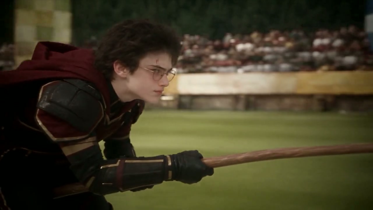 Harry in his Quidditch kit, eyes on the Snitch