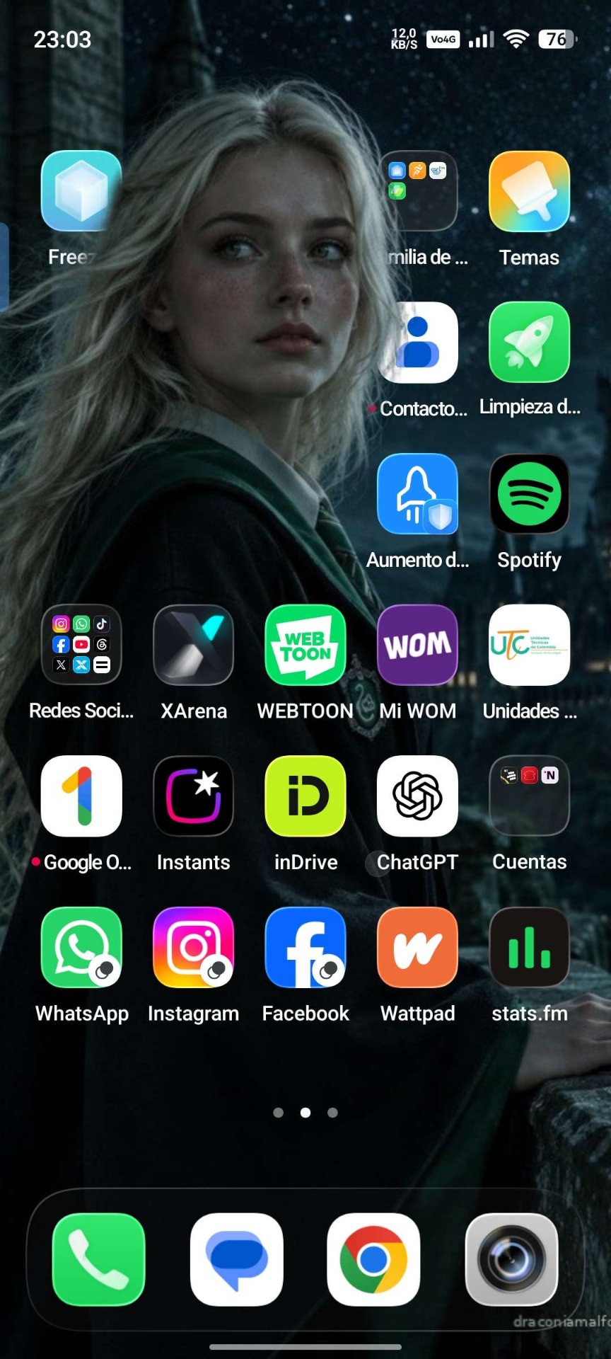 A Draconia Malfoid wallpaper set as a phone home screen, with the draconiamalfoid.com credit in the corner