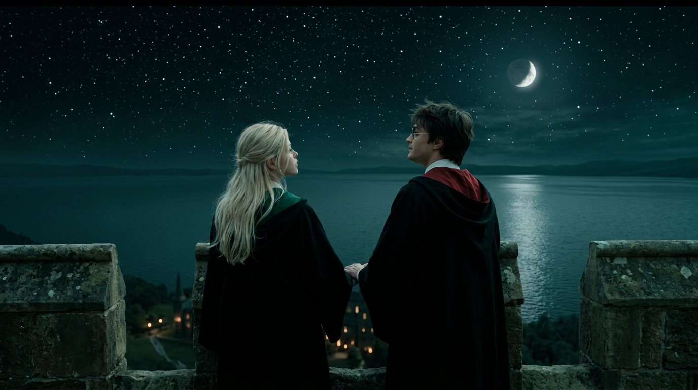 Draconia and Harry on the astronomy tower under the stars